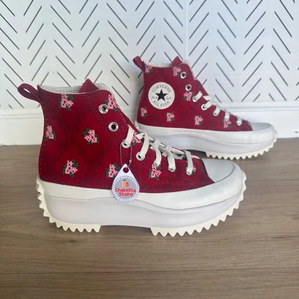 ✨Converse Run Star Hike Hi 7.5 Womens shoes Cross Stitch Roses Sneakers A14885C - Picture 2 of 12